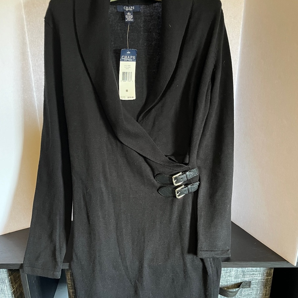 Chaps Black Knit Dress with Belt Accent